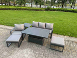 Fimous 6-Piece Aluminium Garden Furniture Sets 6 Seater Outdoor Conversational Dining Set with Adjustable Rising Lifting Dining Table Side Table