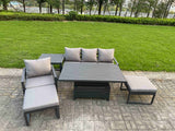 Fimous 6-Piece Aluminium Garden Furniture Sets 6 Seater Outdoor Conversational Dining Set with Adjustable Rising Lifting Dining Table Side Table