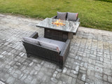 Fimous 3 Pieces Garden Furniture Sets Poly Rattan Outdoor Patio Gas Firepit Dining Table Sofa Set for Garden Backyard Dark Grey Mixed