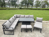 Fimous 10 Pieces Aluminium Garden Furniture Set with Cushions, Patio Furniture Set with Adjustable Rising Lifting Dining Table 3 Footstools Dark Grey