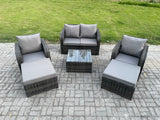 Fimous 6 Seater High Back Rattan Garden Furniture Set with Square Coffee Table 2 Big Footstool Love Sofa Reclining Chair Indoor Outdoor Patio Lounge Sofa Set Dark Grey Mixed