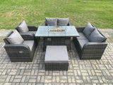 Fimous 7 Seater Rattan Garden Furniture Set Propane Gas Fire Pit Table and Sofa Chair set with Big Footstool