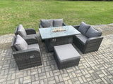 Fimous 7 Seater Rattan Garden Furniture Set Propane Gas Fire Pit Table and Sofa Chair set with Big Footstool