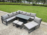 Fimous 10 Pieces Aluminium Garden Furniture Set with Cushions, Patio Furniture Set with Adjustable Rising Lifting Dining Table 3 Footstools Dark Grey