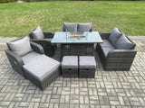 Fimous 9 Seater Rattan Garden Furniture Set Propane Gas Fire Pit Table and Sofa Chair set with 3 Footstool