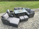 Fimous 9 Seater Rattan Garden Furniture Set Propane Gas Fire Pit Table and Sofa Chair set with 3 Footstool Side Table