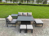 Fimous Aluminum Outdoor Dining Set Patio Dining Furniture Set Includes Adjustable Rising Lifting Dining Table Chairs with 3 Footstools Side Table
