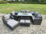 Fimous 9 Seater Rattan Garden Furniture Set Propane Gas Fire Pit Table and Sofa Chair set with 3 Footstool 2 Side Tables