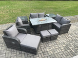 Fimous 9 Seater Rattan Garden Furniture Set Propane Gas Fire Pit Table and Sofa Chair set with 3 Footstool 2 Side Tables