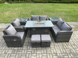 Fimous 8 Seater Rattan Garden Furniture Set Outdoor Propane Gas Fire Pit Table and Sofa Chair set with 2 Side Tables 2 Small Footstools