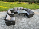 Fimous 7 Seater High Back PE Rattan Sofa Set Outdoor Garden Furniture Dining Table Set With Reclining Chair 3 Seater Sofa Love Sofa 2 Side Tables