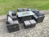 Fimous 8 Seater Rattan Garden Furniture Set Outdoor Propane Gas Fire Pit Table and Sofa Chair set with 2 Side Tables 2 Small Footstools