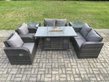 Fimous 6 Seater Rattan Garden Furniture Set Propane Gas Fire Pit Table and Sofa Chair set with 2 Side Tables