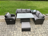 Fimous Outdoor Rattan Furniture Garden Dining Set Patio Height Adjustable Rising lifting Table Reclining Chair Sofa With Side Table Big Footstool Dark Grey Mixed