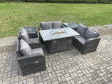 Fimous 6 Seater Rattan Garden Furniture Set Propane Gas Fire Pit Table and Sofa Chair set with 2 Side Tables