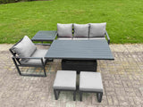 Fimous Aluminum Outdoor Dining Set Patio Dining Furniture Set Includes Adjustable Rising Lifting Dining Table Chairs with 2 Small Footstools Side Table