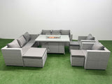 Fimous 11 Seat PE Rattan Lounge Sofa Set Outdoor Garden Furniture Set with Firepit Dining Table 3 Seater Sofa 3 Footstools Light Grey