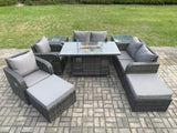 Fimous 8 Seater Rattan Garden Furniture Set Outdoor Propane Gas Fire Pit Table and Sofa Chair set with 2 Side Tables 2 Big Footstool
