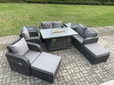 Fimous 8 Seater Rattan Garden Furniture Set Outdoor Propane Gas Fire Pit Table and Sofa Chair set with 2 Side Tables 2 Big Footstool
