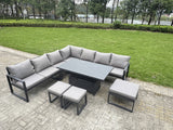 Fimous L-shaped Garden Furniture Set 10-Seater Aluminium Outdoor Dining Set with Adjustable Rising Lifting Dining Table 3 Footstools Dark Grey