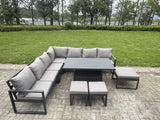 Fimous L-shaped Garden Furniture Set 10-Seater Aluminium Outdoor Dining Set with Adjustable Rising Lifting Dining Table 3 Footstools Dark Grey
