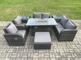 Fimous 7 Seater Rattan Garden Furniture Set Propane Gas Fire Pit Table and Sofa Chair set with 2 Side Tables Big Footstool