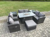 Fimous 7 Seater Rattan Garden Furniture Set Propane Gas Fire Pit Table and Sofa Chair set with 2 Side Tables Big Footstool