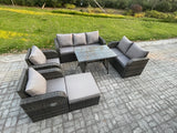 Fimous 8 Seater High Back PE Rattan Sofa Set Outdoor Garden Furniture Dining Table Set With Reclining Chair 3 Seater Sofa Love Sofa Big Footstool