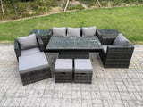 Fimous Wicker PE Rattan Garden Furniture Sofa Set Outdoor Adjustable Rising Lifting Dining Table Set with Armchairs 2 Side Tables 3 Footstools 8 Seater Dark Grey Mixed