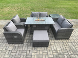 Fimous 7 Seater Rattan Garden Furniture Set Propane Gas Fire Pit Table and Sofa Chair set with Big Footstool Side Table