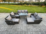 Fimous Outdoor Rattan Garden Furniture Set 10 Seater Patio Lounge Sofa Set with Dining Table 3 Footstools Dark Grey Mixed