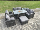 Fimous 7 Seater Rattan Garden Furniture Set Propane Gas Fire Pit Table and Sofa Chair set with Big Footstool Side Table