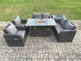 Fimous 6 Seater Rattan Garden Furniture Set Propane Gas Fire Pit Table and Sofa Chair set with Side Table