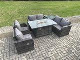 Fimous 6 Seater Rattan Garden Furniture Set Propane Gas Fire Pit Table and Sofa Chair set with Side Table