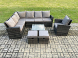 Fimous 9 Seater Outdoor Furniture Garden Dining Set Rattan Corner Sofa Set with Square Coffee Table 2 Small Footstools Dark Grey Mixed
