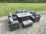 Fimous 8 Seater Rattan Garden Furniture Set Propane Gas Fire Pit Table and Sofa Chair set with Side Tables 2 Small Footstools