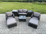 Fimous Rattan Garden Furniture Set Patio Conservatory Indoor Outdoor 6 Seater Set with Love Sofa Square Coffee Table 2 Big Footstool 2 Side Tables