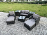 Fimous Rattan Garden Furniture Set Patio Conservatory Indoor Outdoor 6 Seater Set with Love Sofa Square Coffee Table 2 Big Footstool 2 Side Tables