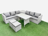 Fimous Rattan Garden Furniture Dining Set 8 seater Patio Rectangular Table 3 Seater Sofa Set with Side Table 2 Small Stools Light Grey
