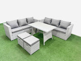 Fimous Rattan Garden Furniture Dining Set 8 seater Patio Rectangular Table 3 Seater Sofa Set with 2 Small Stools Light Grey
