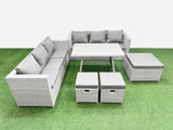 Fimous Rattan Garden Furniture Dining Set 9 seater Patio Rectangular Table 3 Seater Sofa Set with 3 Stools Light Grey