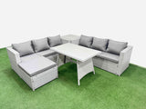 Fimous Rattan Garden Furniture Dining Set 7 seater Patio Rectangular Table 3 Seater Sofa Set with Side Table Big Stool Light Grey
