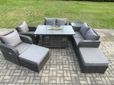 Fimous 8 Seater Rattan Garden Furniture Set Outdoor Propane Gas Fire Pit Table and Sofa Chair set with Side Table 2 Big Footstool