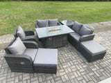 Fimous 8 Seater Rattan Garden Furniture Set Outdoor Propane Gas Fire Pit Table and Sofa Chair set with Side Table 2 Big Footstool