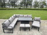 Fimous L-shaped Garden Furniture Set 11-Seater Aluminium Outdoor Dining Set with Adjustable Rising Lifting Dining Table 3 Footstools Chair Dark Grey