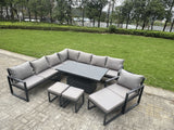 Fimous L-shaped Garden Furniture Set 11-Seater Aluminium Outdoor Dining Set with Adjustable Rising Lifting Dining Table 3 Footstools Chair Dark Grey