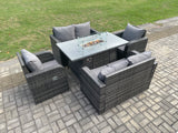 Fimous Rattan Outdoor Garden Furniture Sofa Set Gas Fire Pit Dining Table Gas Heater with Love Sofa Recling Chair 6 Seater Dark Grey Mixed