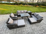 Fimous Outdoor Rattan Garden Furniture Set 9 Seater Patio Lounge Sofa Set with Dining Table 2 Big Footstool Side Table Dark Grey Mixed