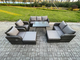Fimous Rattan Garden Furniture Dining Set 9 seater Patio Rectangular Table 2 Big Footstool Love Sofa Dark Grey Mixed