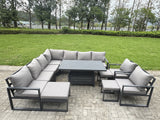 Fimous L-shaped Garden Furniture Set 12-Seater Aluminium Outdoor Dining Set with Adjustable Rising Lifting Dining Table 3 Footstools 2 Chairs Dark Grey